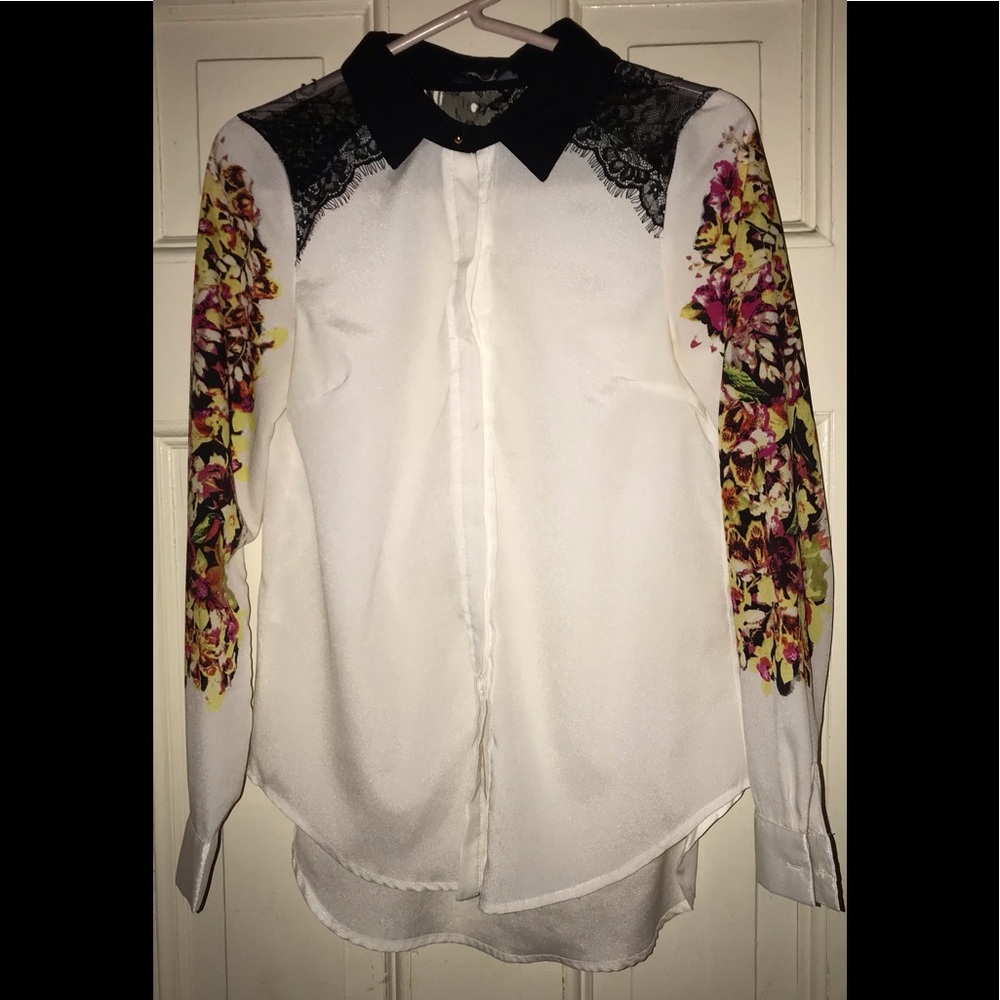 White Button Up Blouse with Flower sleeve detail